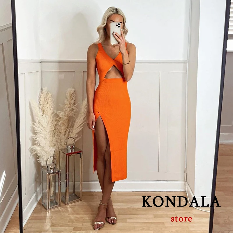 Za Sexy Slim Party Dress Women Chic Orange Stylish 2021 Front Hollow Out Midi Dress Side Split Strap Dress Knitted Vestidos