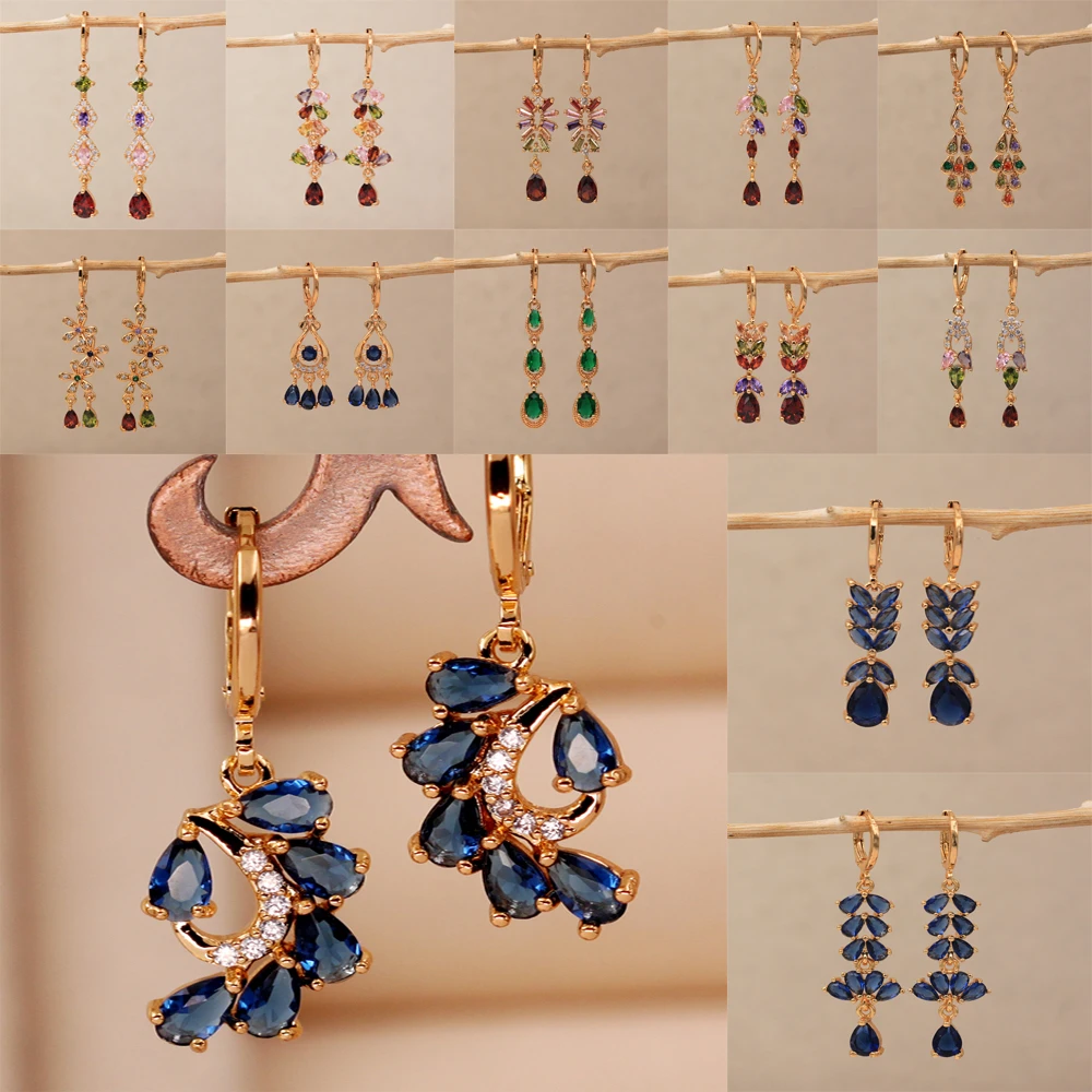 Cute Trendy Drop Earrings for Women's Gold Color Earring With Leaf Waterdrop Blue Zircon Luxury Jewelry for Wedding Party