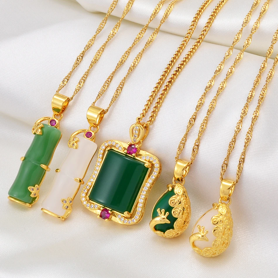 Anniyo Bamboo,Peacock Green White Stone Pendant Necklaces Women Girs Chinese Cultural Fashion Wedding Accessories #002036
