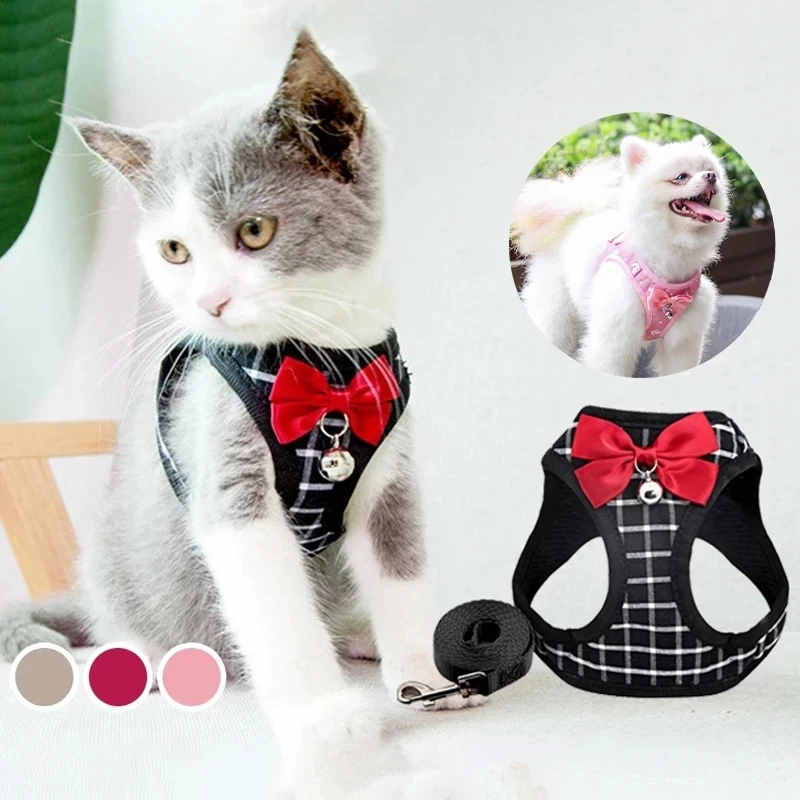 Nylon Mesh Cat Harness Breathable Adjustable Harnesses Leash Set With Bell Cute Bowknot For Kitten Puppy Outdoor Cat Accessories