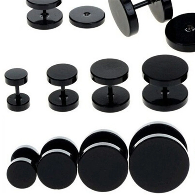 One Pair Black Stainless Steel Round Stud Earrings For Women Dumbbell Pierceing Earrings Men Punk Fashion Jewelry A758