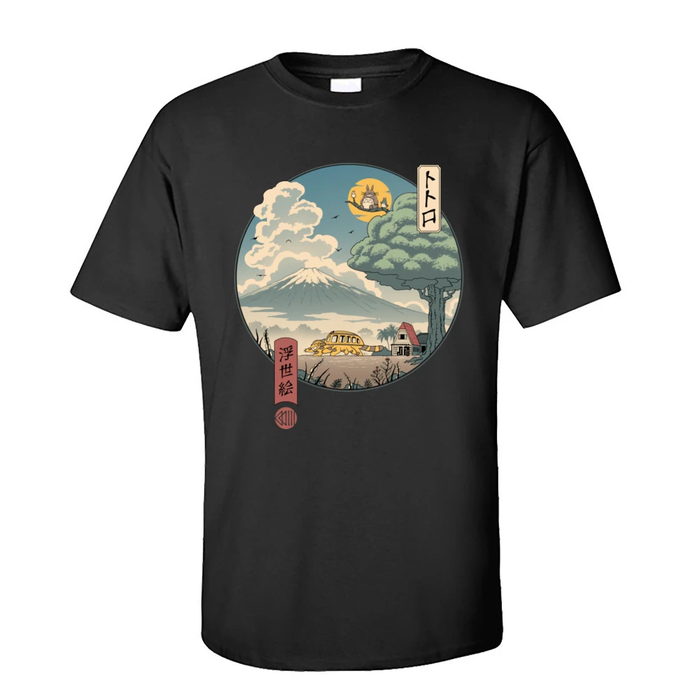 Neighbors Ukiyo-e Cotton Fabric T-Shirt for Men Classic Japan Style Short Sleeve T Shirt Popular Anime Totoro Tshirt