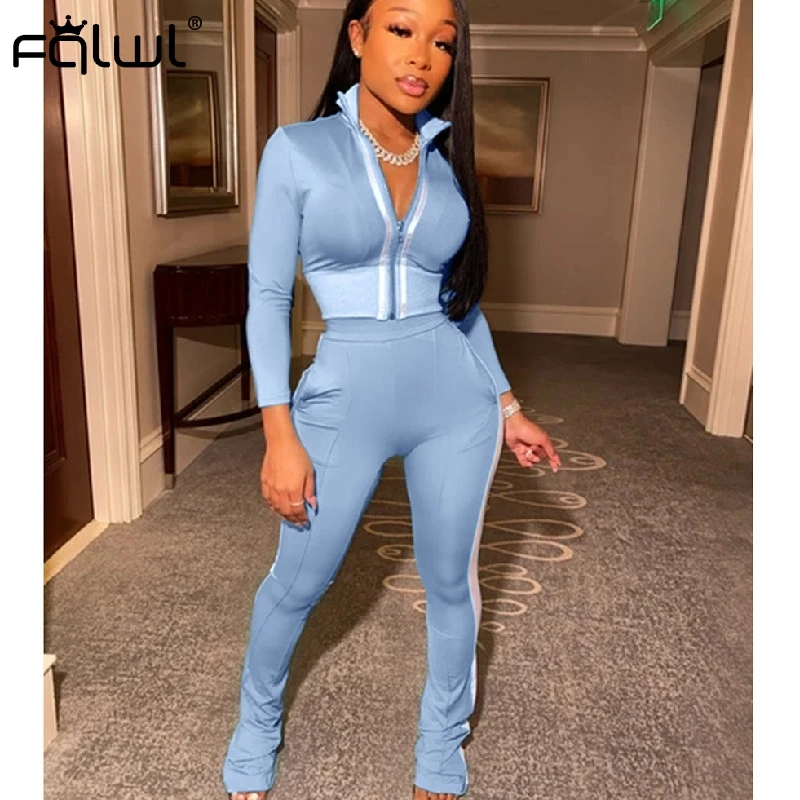 FQLWL Casual 2 Two Piece Set Women Sexy Pink Outfits Crop Top Stacked Pants Leggings Women Matching Sets Ladies Tracksuit Female