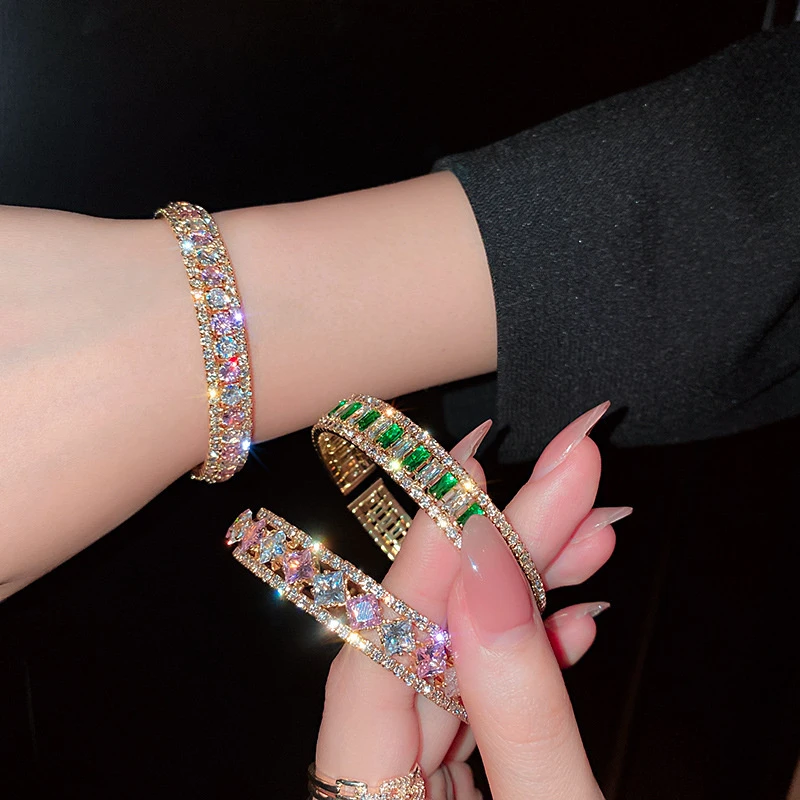 FYUAN Geometric Zircon Bracelet & Bangles For Women Pink Green Crystal Cuff Bracelets Weddings Party Jewelry