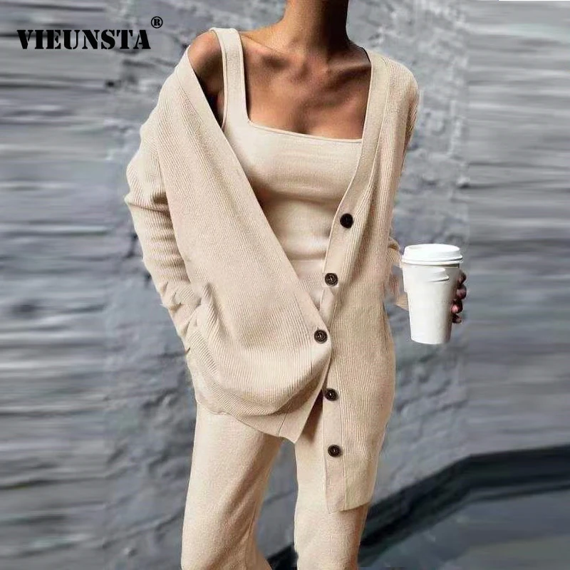 Autumn Winter Solid Knitted Sweater 3pcs Outfits Women Off Shoulder Top Cardigan and Long Pants Suit Sexy Button Office Lady Set