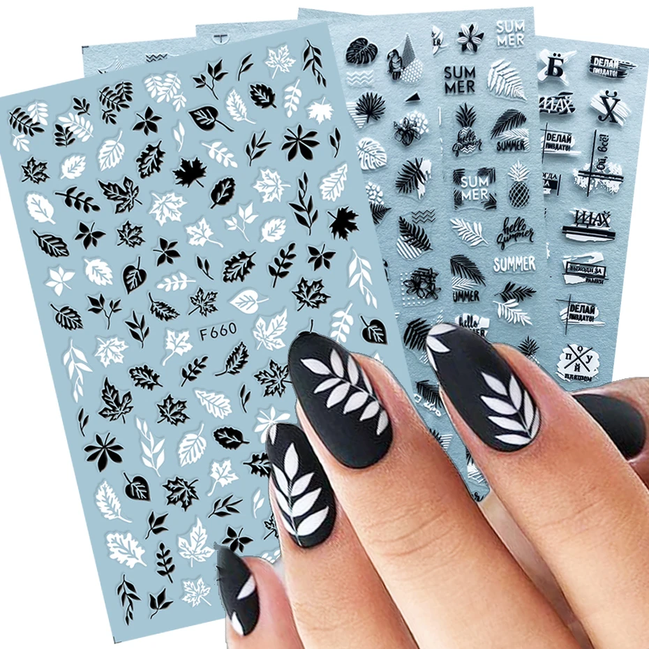 Mix White Black 3D Nail Decals Nail Art Stickers Adhesive Gold Leaf Letters Sliders Wraps Summer Design Decorations TRF654-661-1