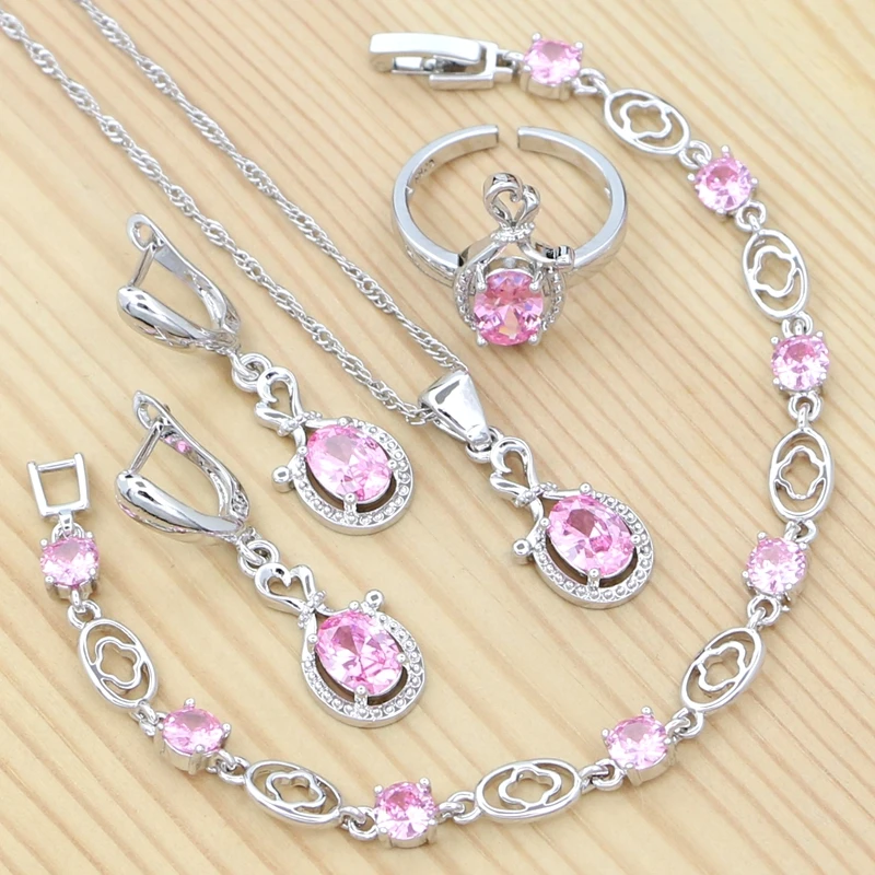 925 Silver Jewelry Set for Bride Romantic Jewelry Pink Cubic Zirconia Earrings Open Ring Pendant Chain Bracelet Set