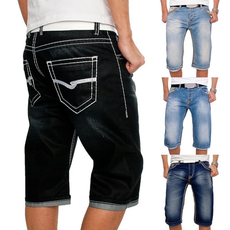 Men Jeans Shorts Summer Casual Straight Denim Shorts Streetwear Male Loose Knee Length Loose Jean Pants Black Blue Pocket