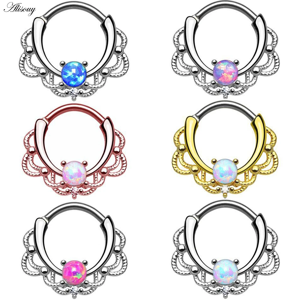 Alisouy 16G 1.2mm Opal Gem Septum Rings G23 Titanium Piercing Nose Hot Opal Ear tunnel 5 Choice