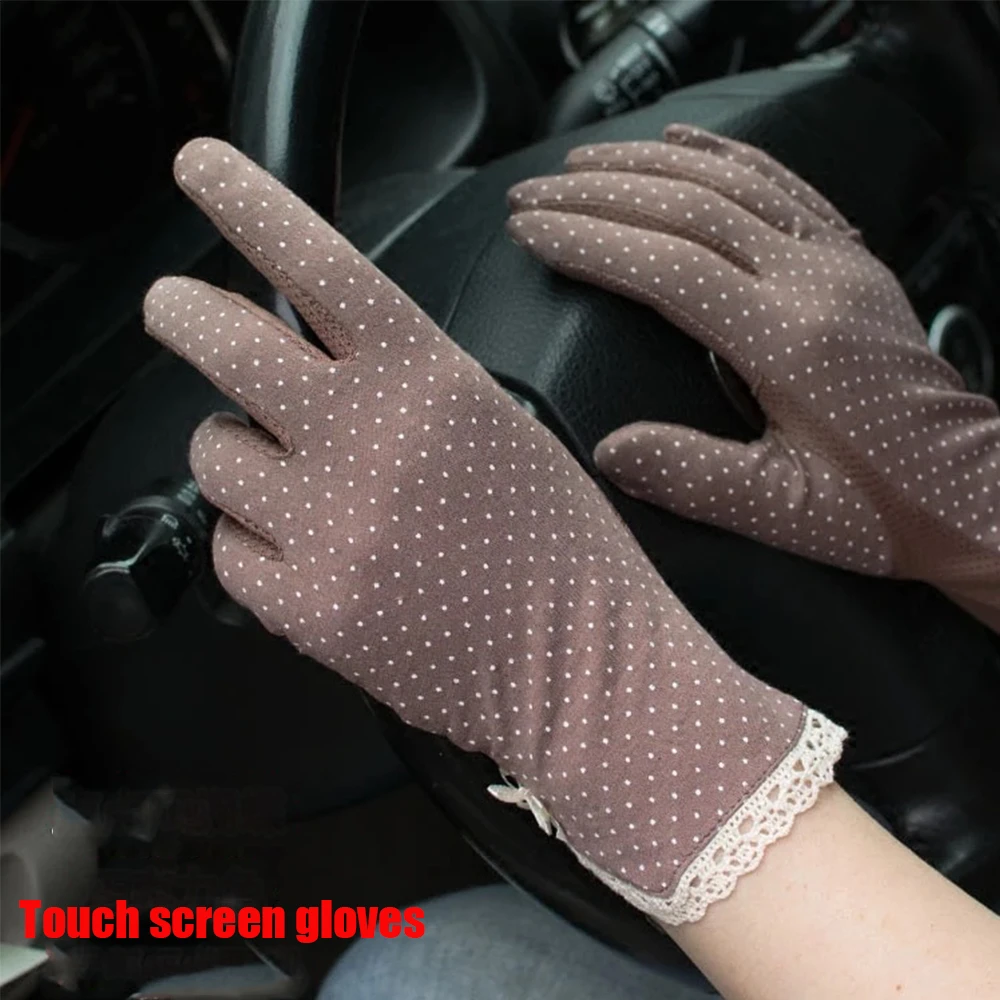 Fashion Women Gloves Ladies Summer Sunscreen Gloves Cute Dot Lace Patchwork Thin Touch Screen Gloves Breathable Driving Gloves
