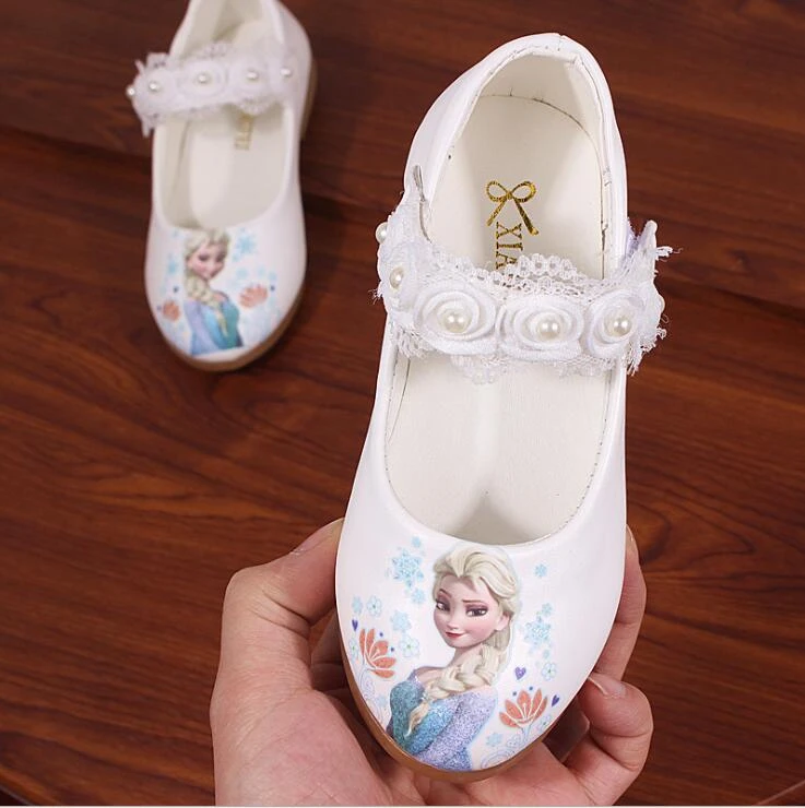 Disney New Kids Elsa Casual Shoes girls Frozen Princess soft cartoon shoes Children's cartoon pearl leather shoes