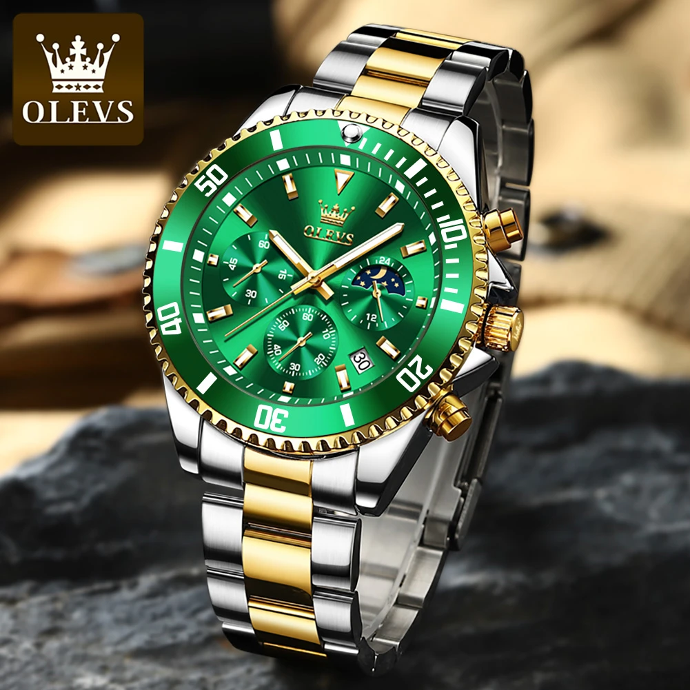 OLEVS Watch for Men Luxury Stainless Steel Men Quartz Wristwatches Sports Waterproof Dive Green Wristwatch Men's Watches 2870