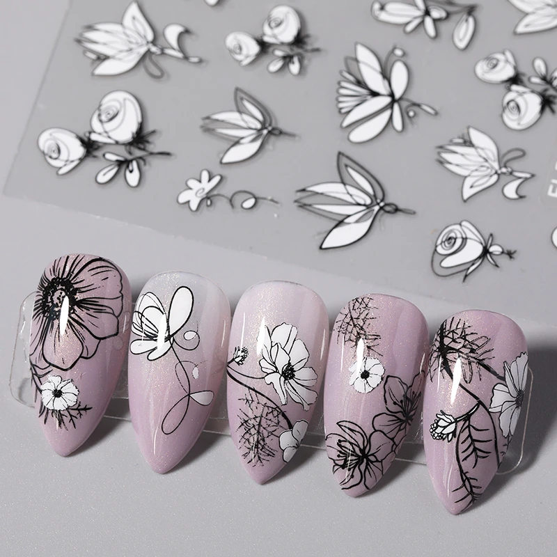 1PC 3D Nail Sticker Black And White Flower Leaf Patterns Nail Art Decals Summer Popular Art Nail Decal Decorations New