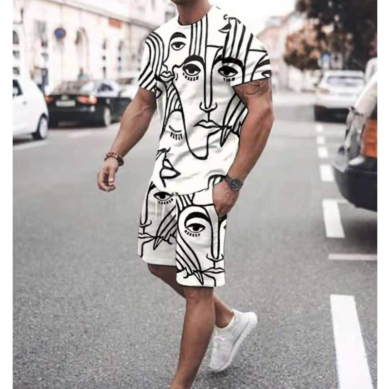2021 New Fashion Men's Suit Two-Piece Harajuku Vintage Printed Short-Sleeved T-Shirt+Shorts Clothes Casual Men Set Streetwear