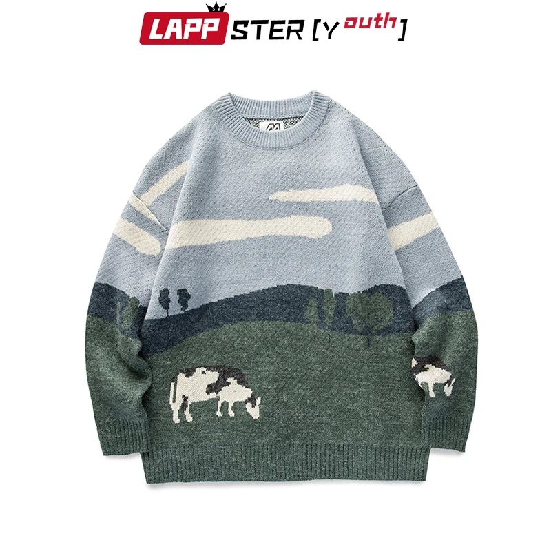 LAPPSTER-Youth Men Cows Vintage Winter Sweaters 2021 Pullover Mens O-Neck Korean Fashions Sweater Women Casual Harajuku Clothes