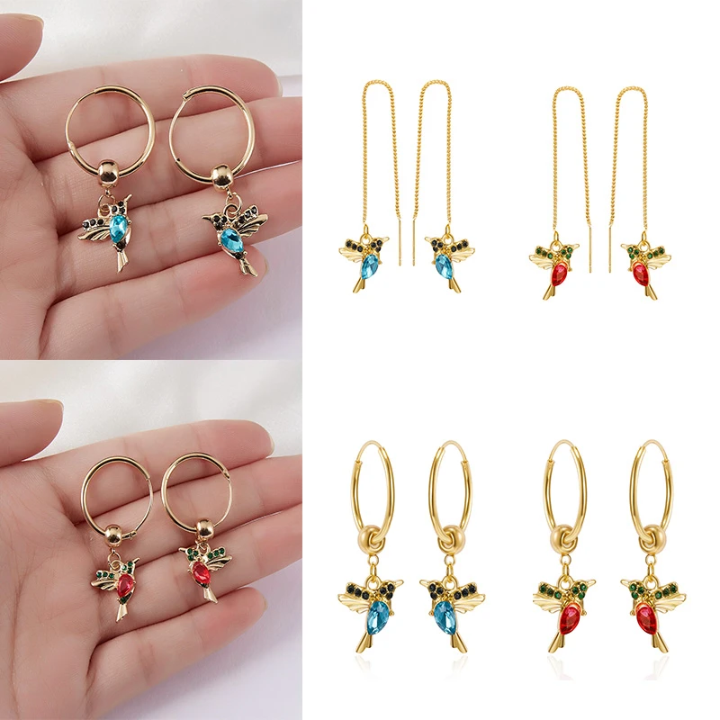 Trend 2 Colors Hummingbird Tassel Drop Earrings For Women Fashion Crystal Bird Hoop Ear Line Girls Statement Party Jewelry Gift