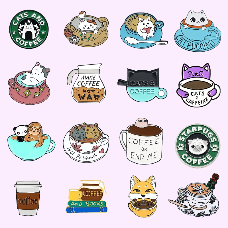 Coffee Theme Series Soft Enamel Pins Custom Cup Cats Animal Brooches Cartoon Badges Lapel Pin Jewelry Gift for Friends Wholesale