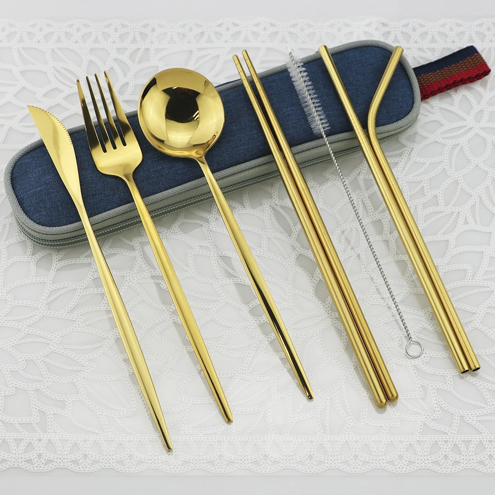 1/4/8 Portable Shiny Gold Travel Dinnerware Set Stainless Steel Flatware Set Spoon Fork Knife Cutlery Set With Chopsticks Straws