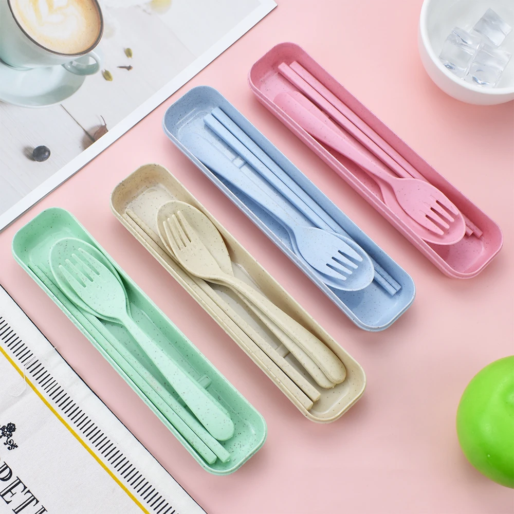 Environmental Portable Reusable Spoon Fork Travel Picnic Chopsticks Wheat Straw Tableware Cutlery Set With Carrying Box