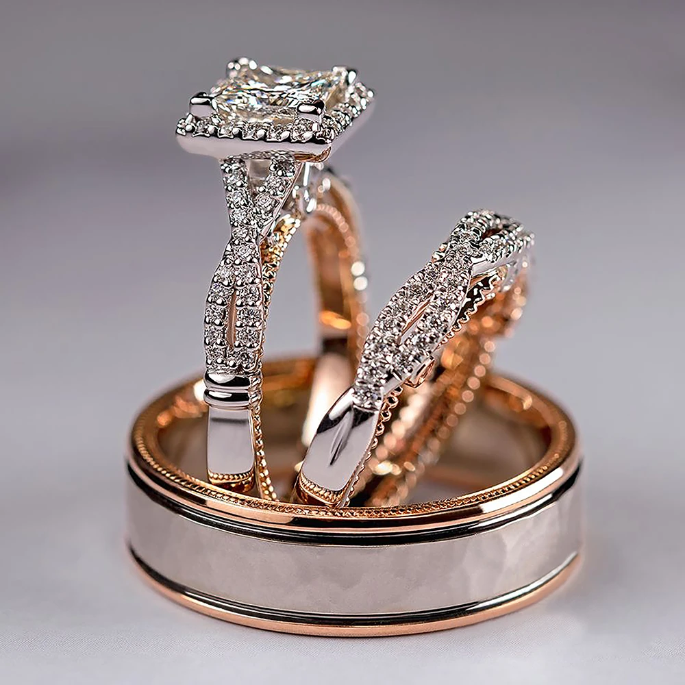 Huitan Gorgeous 3Pcs/Set Women Wedding Rings Mosaic AAA CZ Two Tone Romantic Female Engagement Rings Fashion Jewelry Top Quality