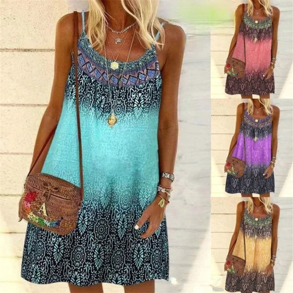 Summer Bohemian Dress Women Vintage Printed Spaghetti Strap Sundress Lady Casual Loose Sleeveless Mini Vestidos Beach Dress 2021