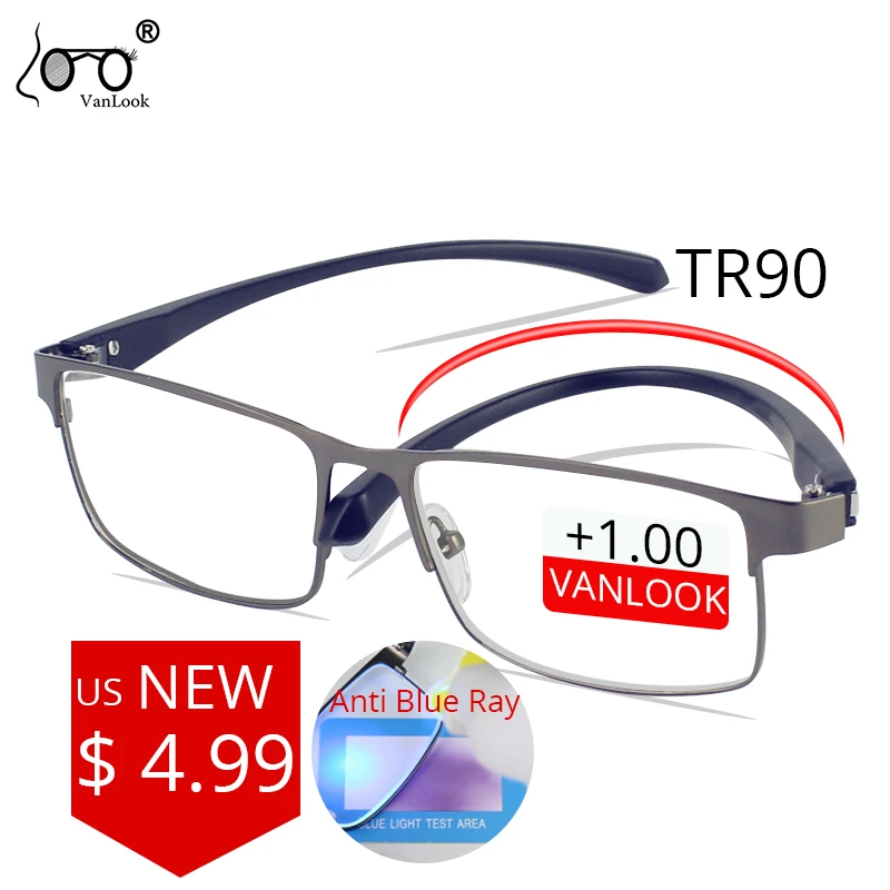 Vanlook Men's Reading Glasses Anti Blue Ray Stainless Steel TR90 Spectacles 1.5 2.0 2.5 3.0 3.5 4.00