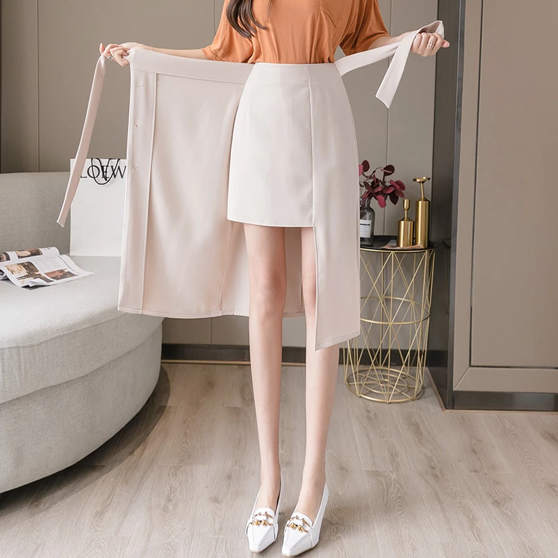 2021 Summer One-piece High-waisted Long Skirt Sashes Wrap Skirts Lace up Midi Skirt with Slit Korean Office Lady Work Wear Falda