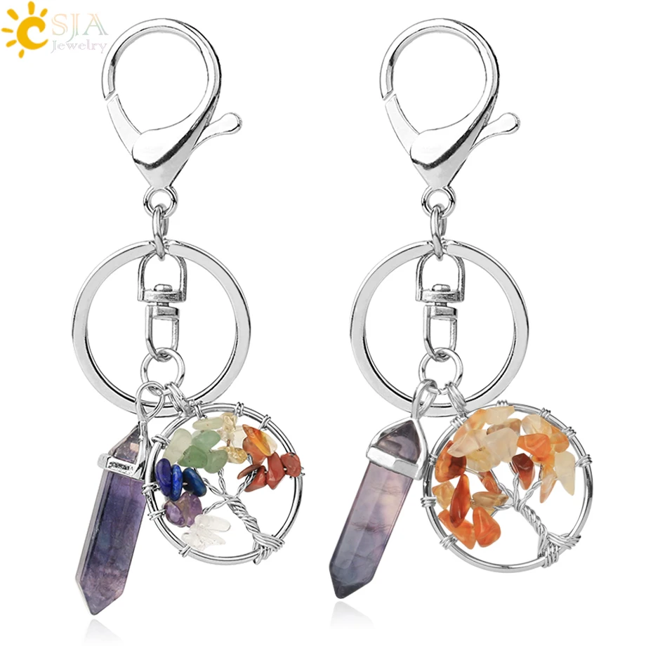 CSJA Natural Stone Fluorite Tree of Life Pendants Keychain Lobster Clasp Key Holder Car Backpack Accessories Unique Jewelry G380