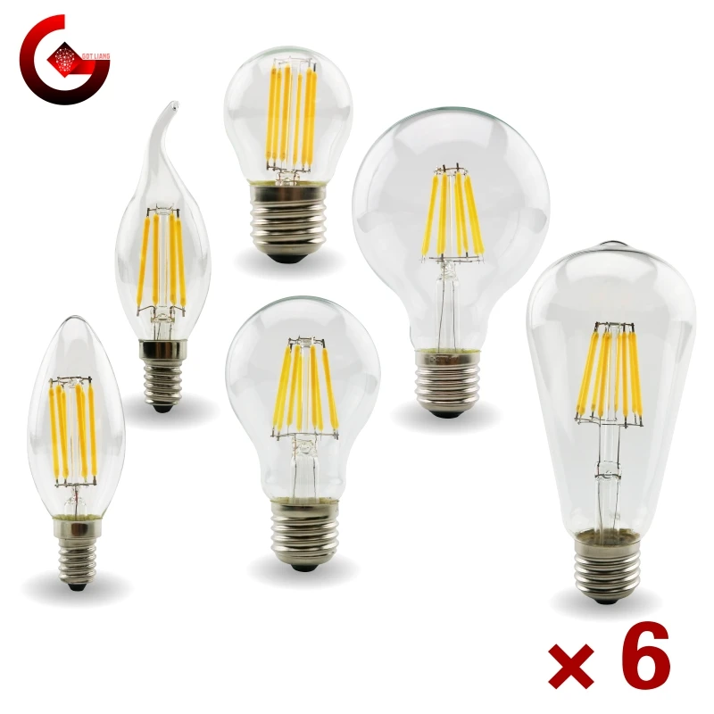 6pcs/lot E27 E14 Retro Edison LED Filament Bulb Lamp AC 220V-240V C35 G45 A60 ST64 G80 G95 G125 Glass Bulb Vintage Candle Light