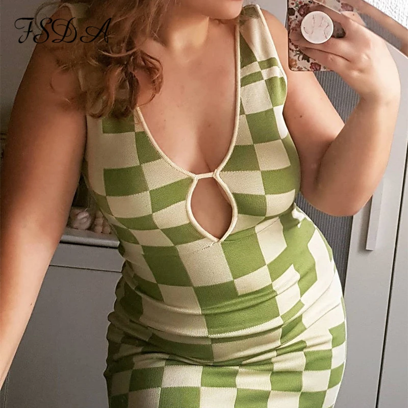 FSDA Plaid 2021 Summer Bodycon Dress Women Midi Knit Sleeveless Hollow Out V Neck Sexy Casual Green Beach Dresses