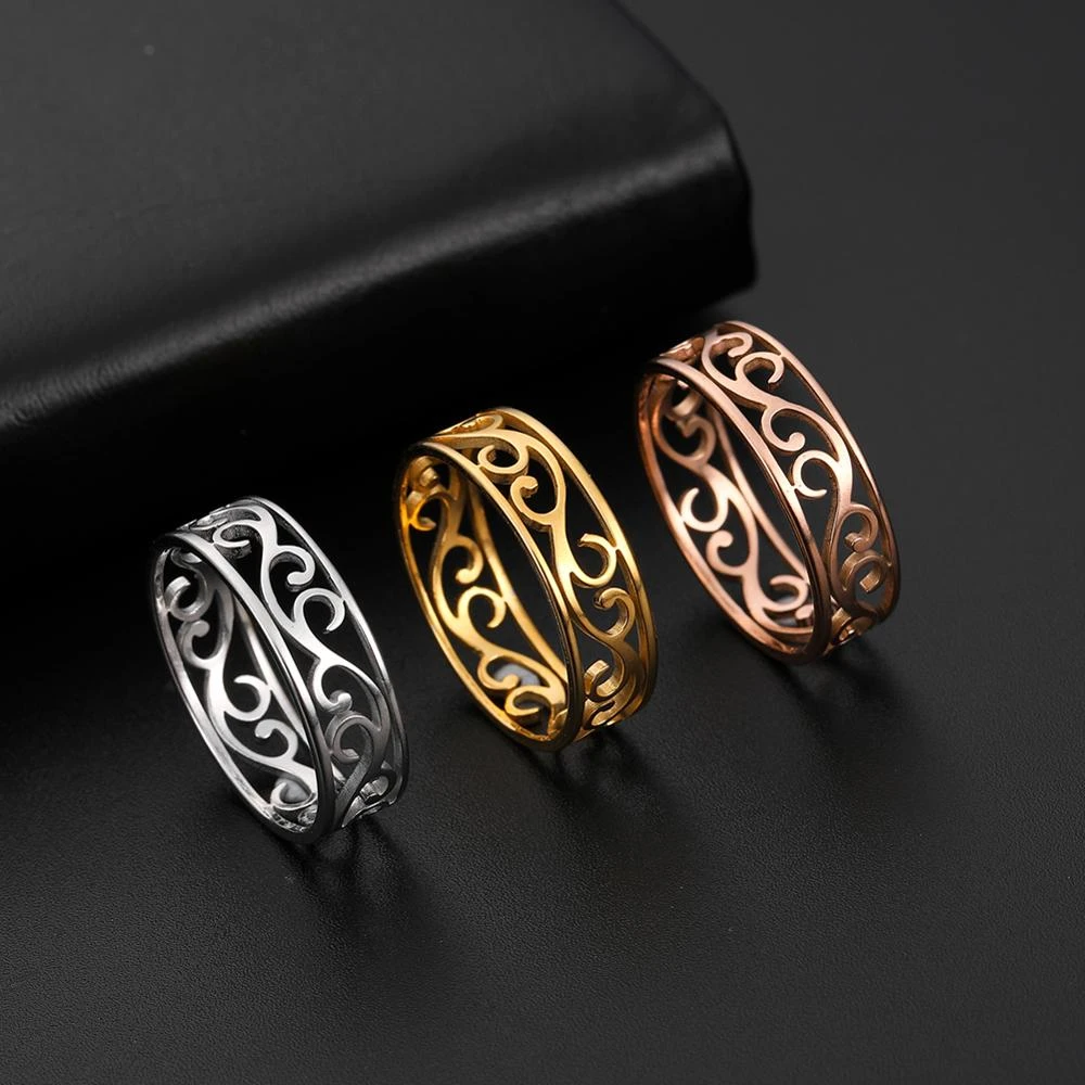 Skyrim Retro Filigree Stainless Steel Ring Cutout Elegant Gold Color Finger Rings Jewelry Wedding Gift for Women Friend
