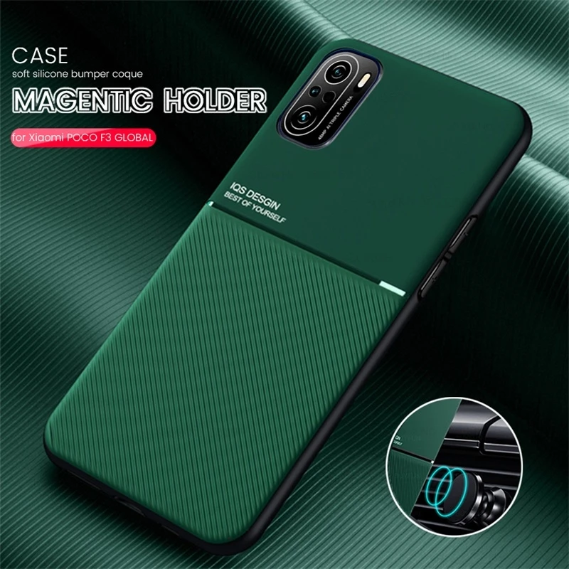 PocoF3 Case Car Magnetic Holder Leather Texture Cover for Pocophone Poco Poko Little F3 F 3 3F Soft Silicone Shockproof Coque