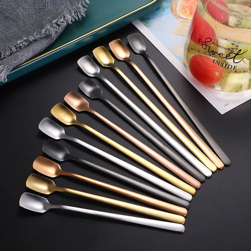 1PC Square-Headed Teaspoon Long Handle Stainless Steel Coffee Stirring Spoons Dessert Ice Cream Mini Scoop Kitchen Tableware