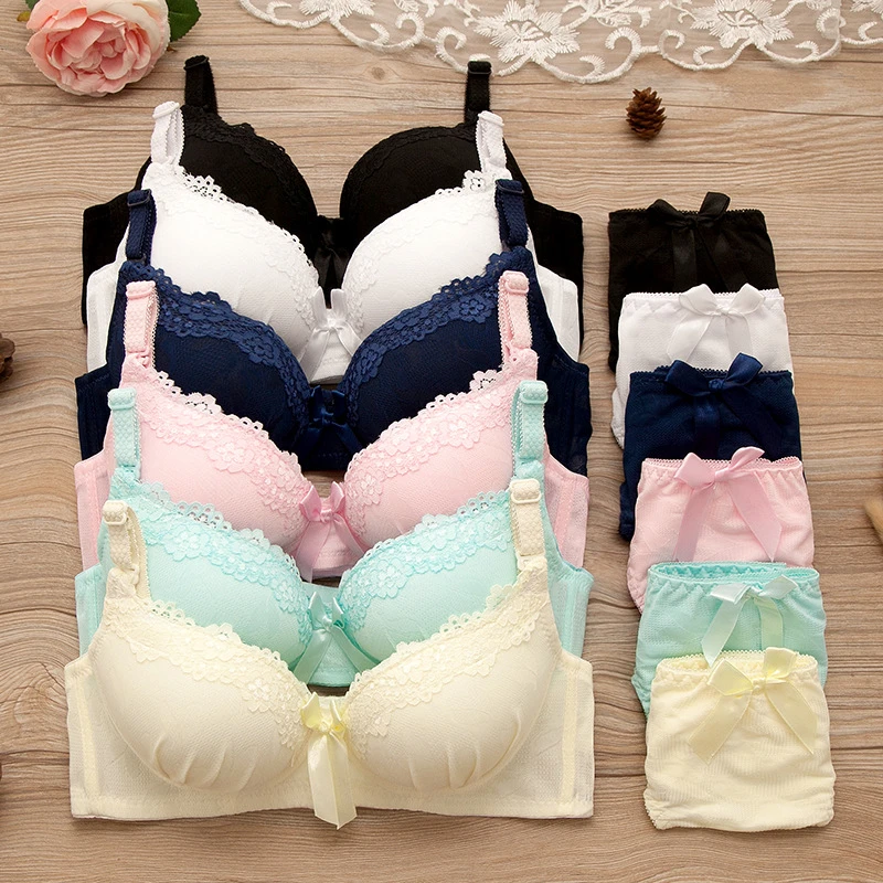 Women Bras Set Sexy Lace Lingerie Bra Suit Girl Cute Bow Underwear Wire Free Bralette Solid Color Bra 2021