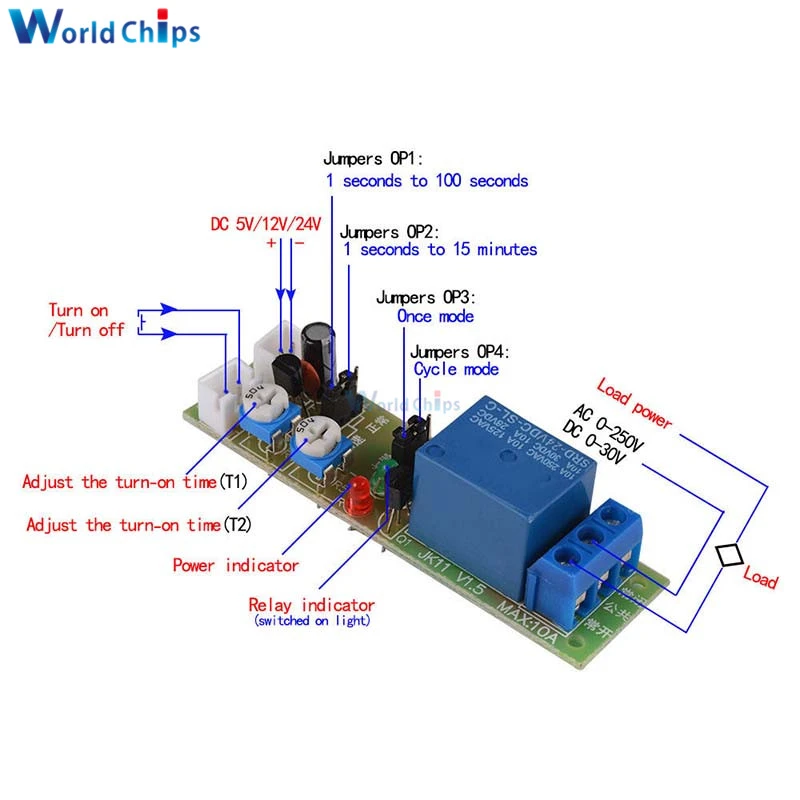 JK11 Cycle Delay Relay Module DC 5V 12V 24V On/Off Switch Power Supply 0-15Min 0-60Min Cycle Timer Relay with Cable