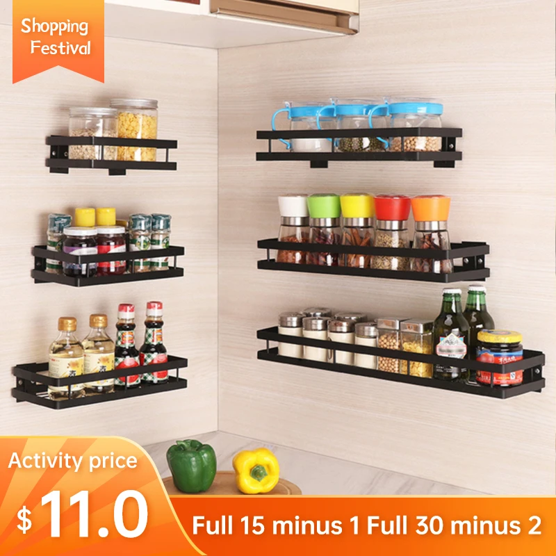 Kitchen Organizer Wall Mount Bracket Holder Wall Storage Shelf For Spice Jar Rack Cabinet Shelves Kitchen Gadgets Supplies