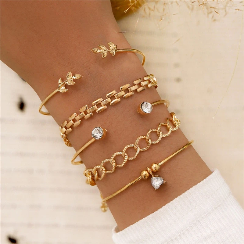 LETAPI Rhinestone Geometric Chain Bracelets Set for Women Bohemia Multilayer Heart Leaf Charm Bangles Fashion Party Jewelry Gift