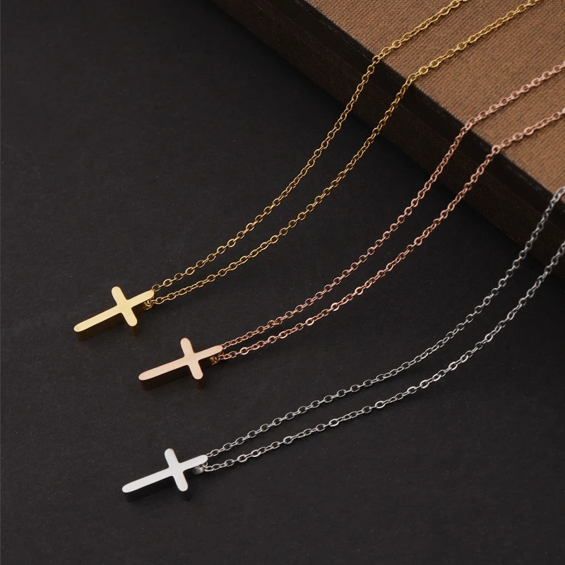 Rinho Fashion Stainless Steel Cross Pendant Necklace Women Men Minimalist Vintage Long Chain Necklaces Chokers Jewelry Gift