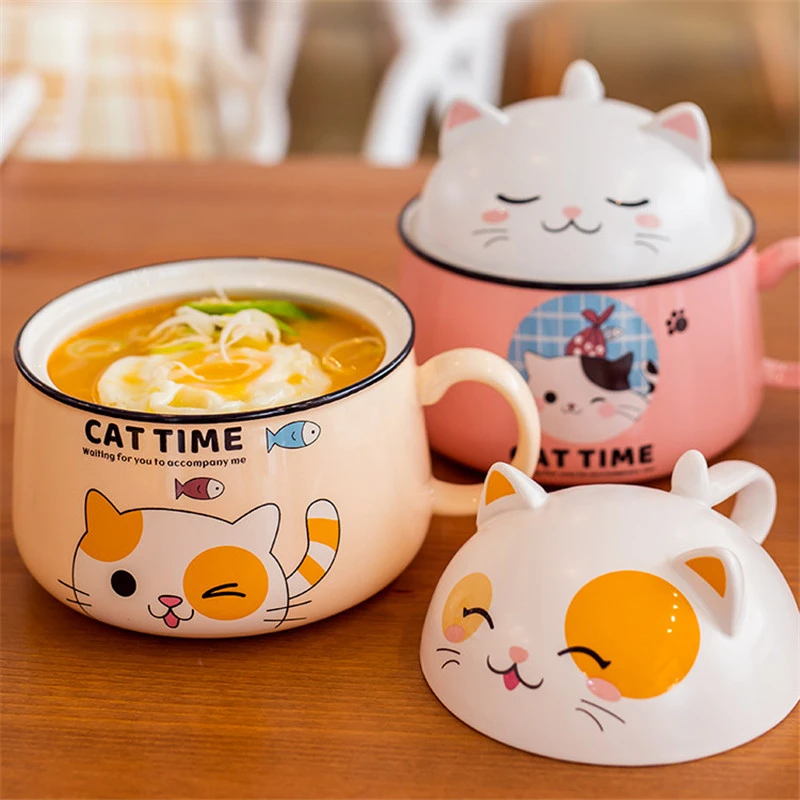 Japanese Style Ceramic Cute Cartoon Instant Noodle Bowl with Lid and Handle Creative Large Capacity Office Fruit Bowl Tableware