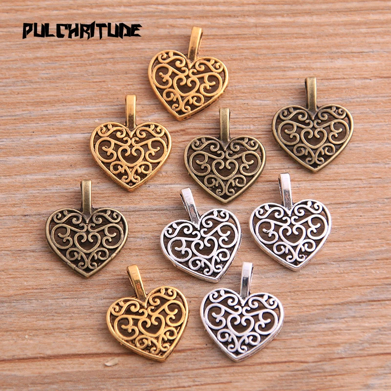 30PCS 15*18mm Three Color Vintage Metal Zinc Alloy Hollow Love Heart Charms Fit Jewelry Pendant Charms Makings