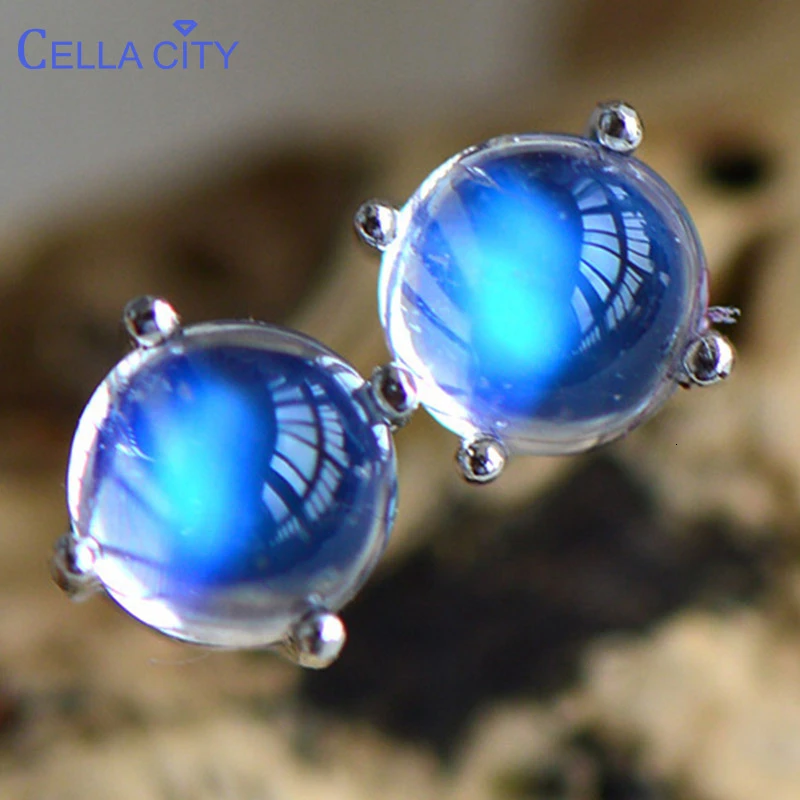 Cellacity Round Blue moonstone Opal Stud Earrings For Women 925 Sterling Silver  Jewelry Cute Earrings wholesale gift