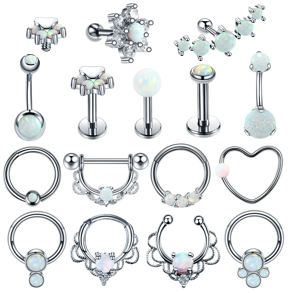 1PC Steel Opal Ear Cartilage Tragus Daith Helix Clicker Nose Septum Rings Lip Eyebrow Belly CBR Piercings Earrings Body Jewelry