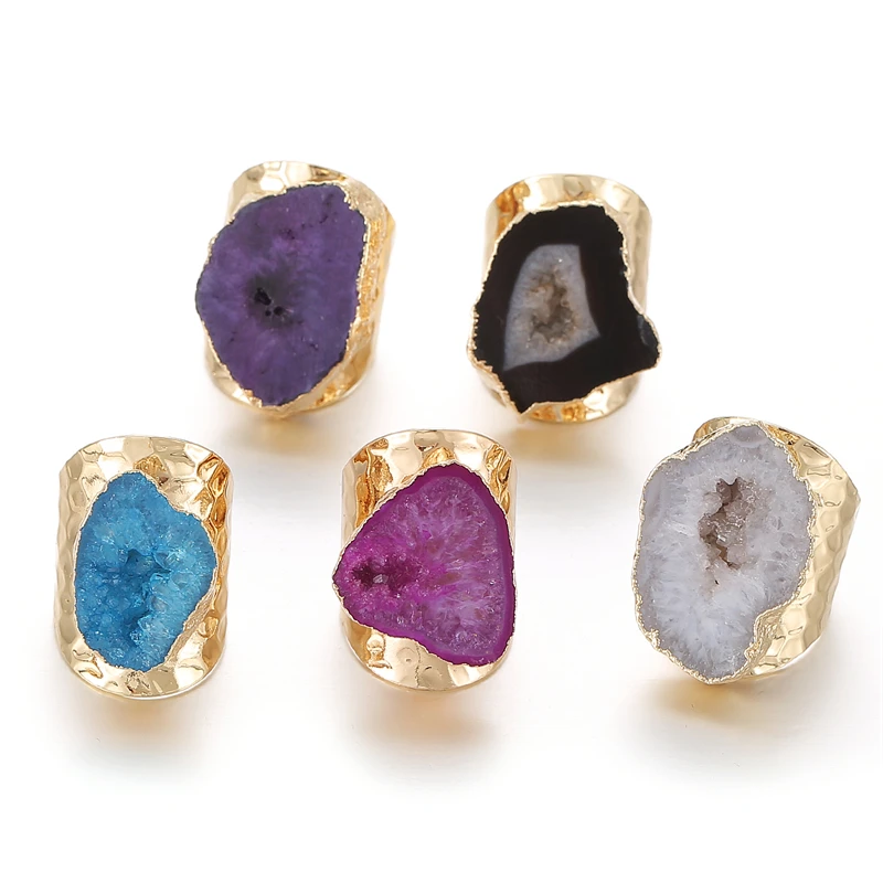 Irregular Geode Genuine Stone Hole Open Ring for Women Purple Crystal Adjustable 1pcs Random