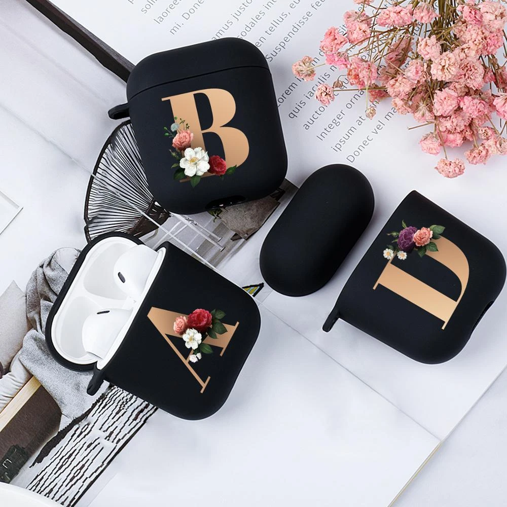 Cute Floral Gold Initial Alphabet Letter Case For AirPods 2 1 3 Pro Black Silicone Wireless Bluetooth Earphone Box Matte Cover