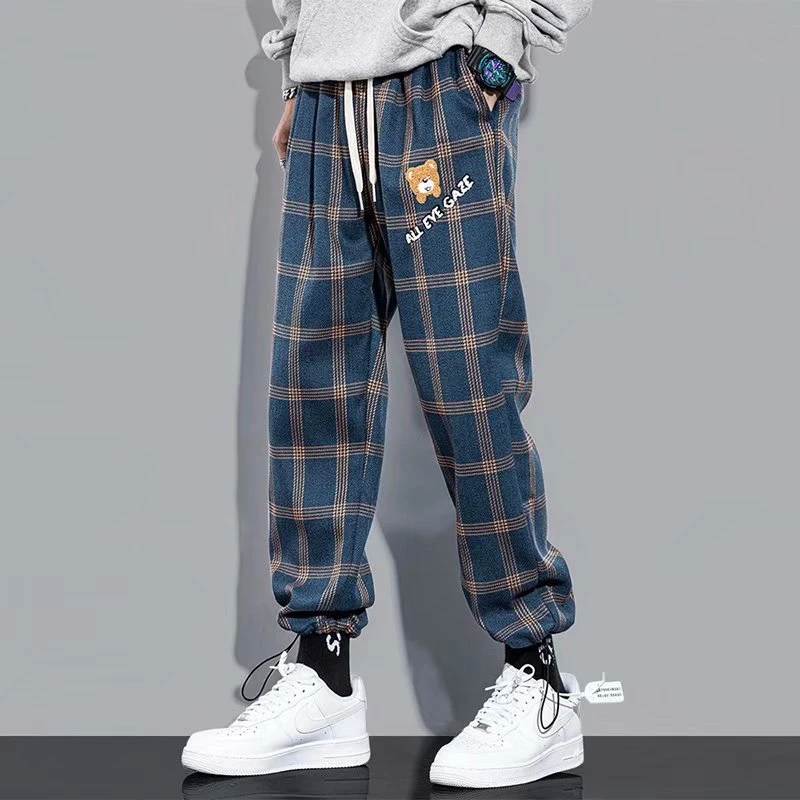 Streetwear Blue Plaid Pants Men Joggers 2021 Mens Straight Harem Pants Men Drawstring Korean Hip Hop Trousers Sweatpants