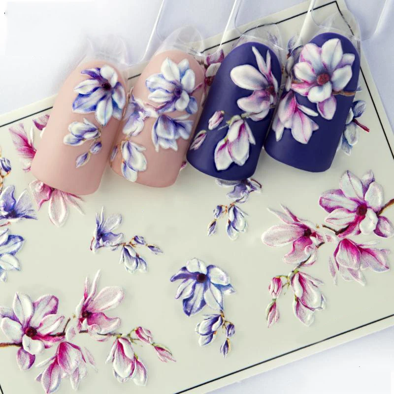 DingXue 3D Acrylic Engraved Flower Nail Sticker Embossed Fesh Flower Water Decals Empaistic Nail Water Slide Decals Z0340