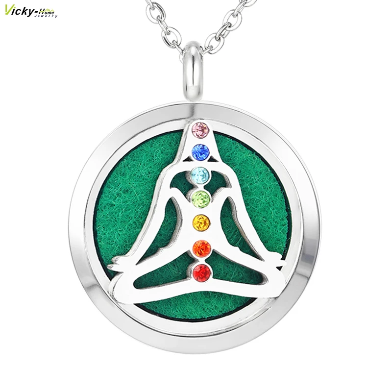 30mm Chakra Design Aromatherapy Locket Pendants Essential Oils Stainless Steel Diffuser Perfume Locket with Pads Drop Shipping