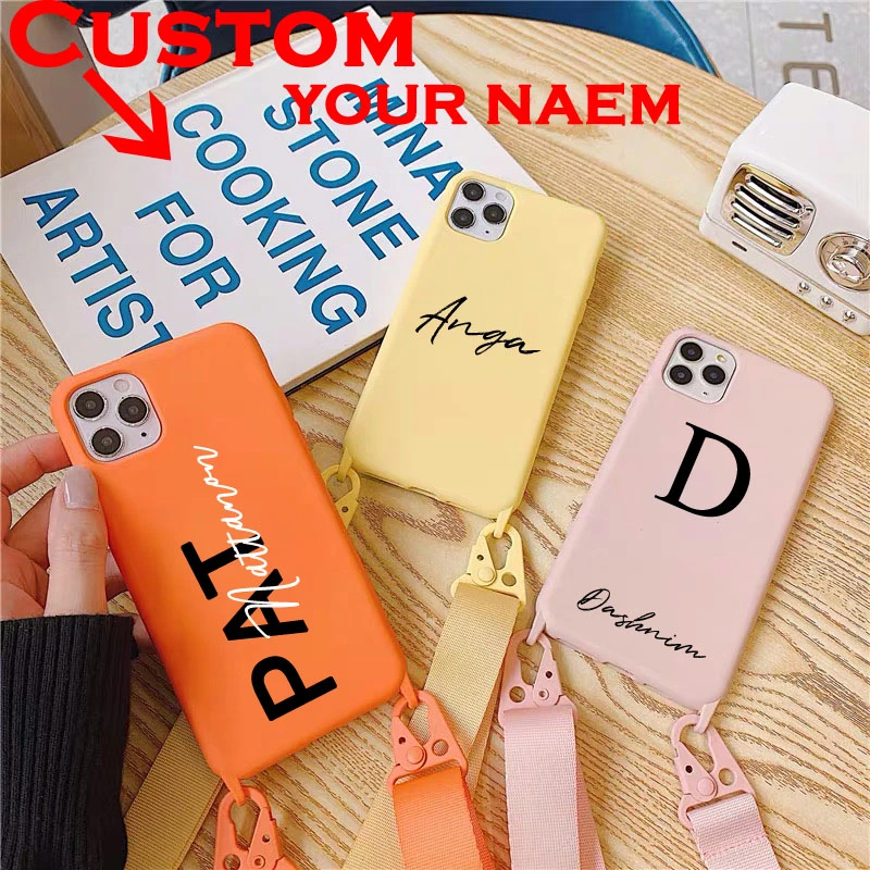 Custom Name Logo Picture TPU case with Sling for iphone 11 Pro Max 7 8 6 6S Plus X XR XSMax phone case Shoulder Strap Soft Cases