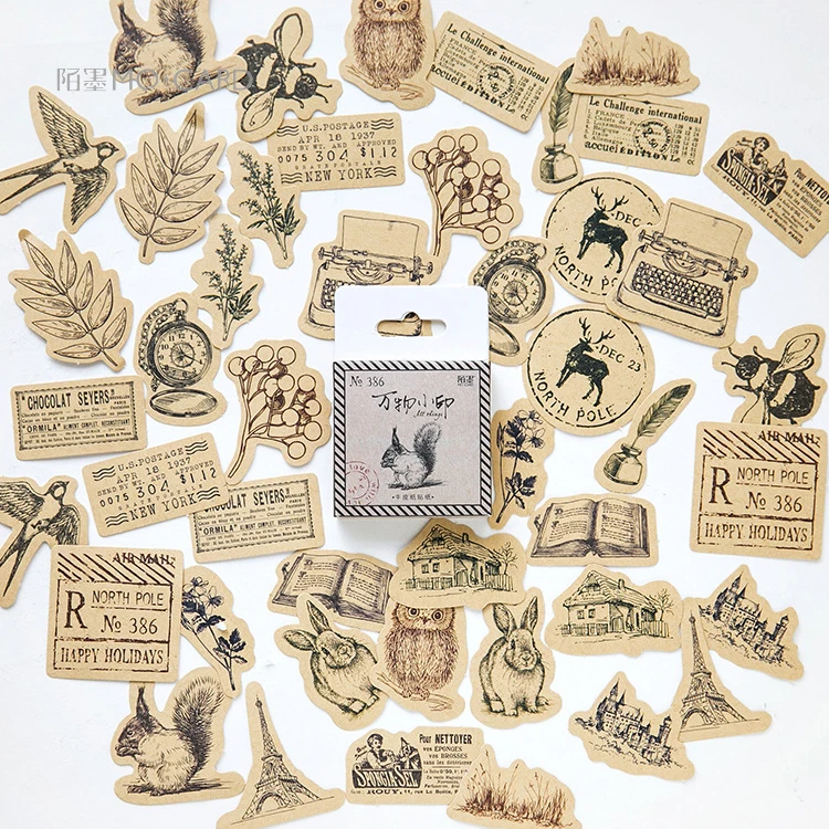 46 pcs/box Retro animals plants Decorative Stickers Scrapbooking diy Stick Label Diary Stationery Album Kraft paper Stickers