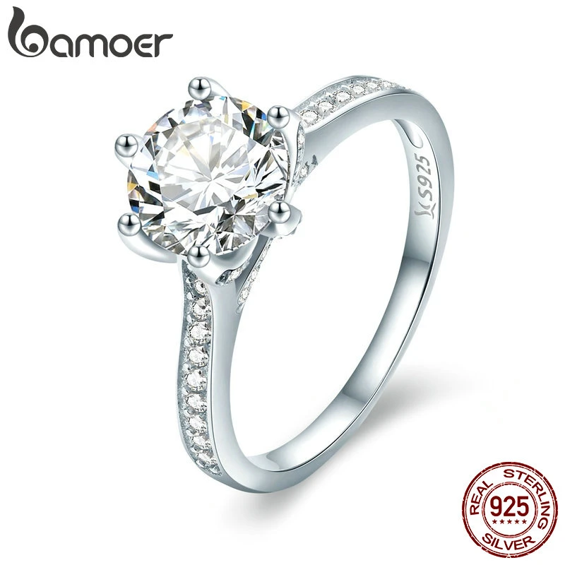 BAMOER 3CT 925 Sterling Silver Engagement Ring Round Cut Cubic Zirconia Love Forever Band for Women